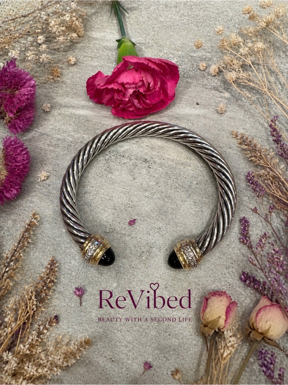David Yurman Silver Cable Bracelet with 18k Gold, Diamonds & Black Onyx